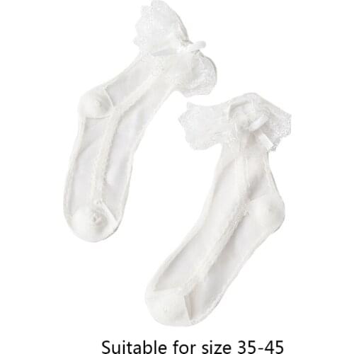 K3NF Women Summer Thin Glass Fiber Short Crew Socks Harajuku Vintage Lolita Sweet Lace Patterned Ruffle Bowknot Transparent