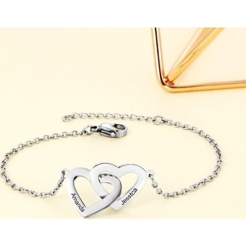 Customized Name Bracelets For Women Stainless Steel Engraved Double Heart Charm Bracelets & Bangles 2 Colors Personalized Gift