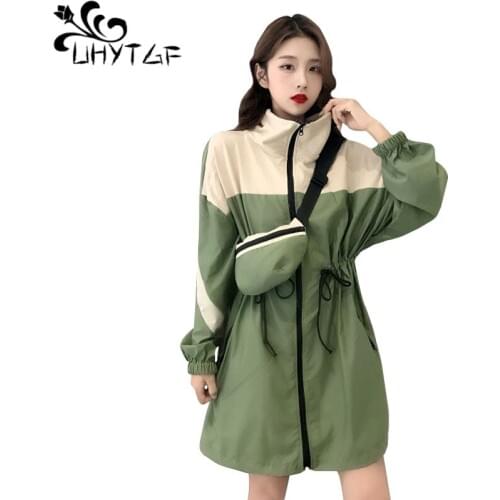 UHYTGF Oversized Spring trench coat Retro Stitching loose student long coat woman Fashion zipper elegant Female windbreaker 1381