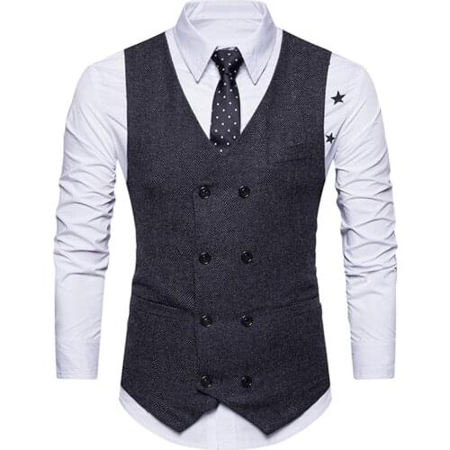 Vintage Men Vests Sleeveless Double-breast Herringbone Twill Waistcoat Business Vest Mens Clothing Summer 2021