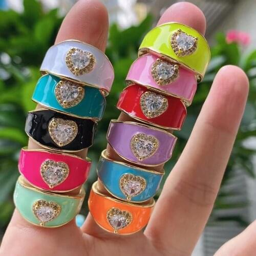 10Pcs 2021 Rainbow Cute Zircon Heart Enamel Open Rings Adjustable Women Fashion Jewelry Gold Plating Adjustable Cuff Ring