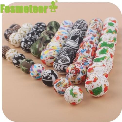 Fosmeteor 10pcs 12mm Silicone Christmas Print Beads Baby Round Shaped Beads Teething BPA Free Sensory Chewing Toy Accessories