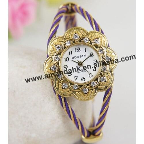 100pcs/lot Rhinestone Diamond Steel Wire watche flower shape Metal Weave Dress Wristwatches Women Girls Bracelet Bangle Watches
