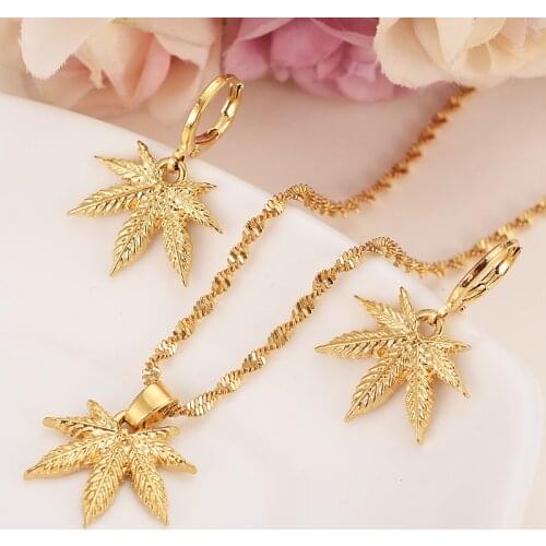 African gold pendant Necklace Earring Set Women Party Gift Cannabiss Weed Marijuana Leaf charms women girls Fine Jewelry gift