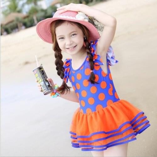 2016 new export childrens swimsuit big wave point princess lace dress female baby swimsuit 3-8Y