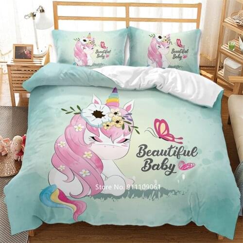 Childrens Gift Cute Cartoon Run Unicorn Bedding Set Down Quilt Cover Pillowcase Big Bedspread Home Textile for Boys and Girls