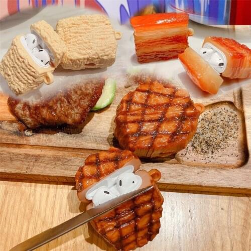 For AirPods 2 1 Case Cute cartoon steak streaky pork instant noodles silicon headphone Cover For Air pods pro 3 protectio Cases