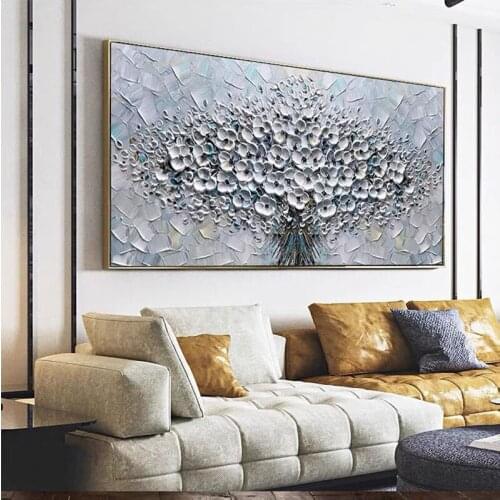Knife oil painting handmade Wall Painting Modern Silver Flowers Canvas Painting Entrance Living Room Wall Decorative Picture