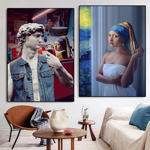 Funny Classic Characters The Girl with Pearls and David Art Posters and Print HD Canvas Painting Cuadros Wall Art for Home Decor