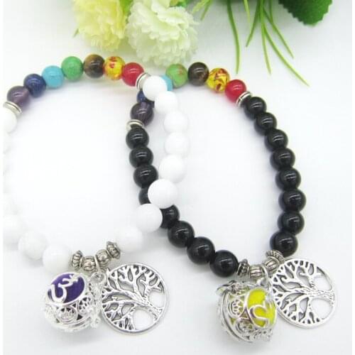 Pretty Multi Colors 8mm Round Beads with Tree Charm and Openable Locket Chakra Aromatherapy Oil Diffuser Bracelet Stretchy