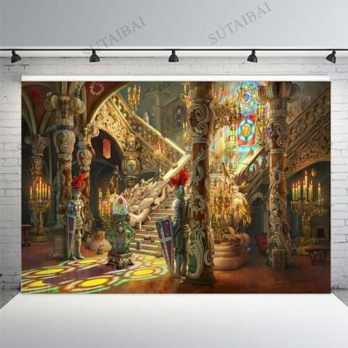 Beauty Castle Stained Glass Backdrop Golden Medieval Palace Backdrop Red Rose Flower Wedding Party Photo Background Booth Shoot