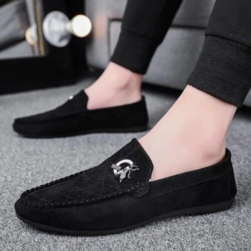 Mens Spring Autumn Casual Shoes Suede Metal Decorative Casual Mens Shoes Comfortable Driving Shoes Fashion Non Slip Bean Shoes