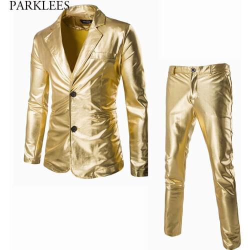 Mens Shiny Gold Metallic Suit With Pants 2018 Brand New 2 Piece Suit ( Jacket+Pants) Men Stage Prom Club Party Terno Masculino