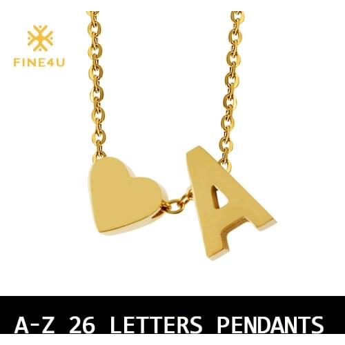 FINE4U N099 Initial Heart Necklace Letter Alphabet Necklace 316L Stainless Steel Letter & Heart Pendants Necklaces For Women