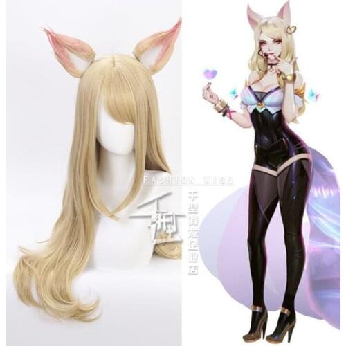 80CM Anime Game Character K/DA Ahri Long Wig With Ear Cosplay Costume KDA Heat Resistant Synthetic Hair Women Party Cosplay Wigs