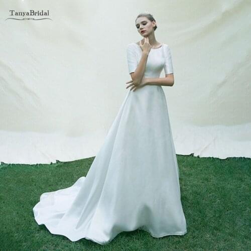 Simple Satin Wedding Dress Short Sleeves V Back Lace Up Bride Gowns 2021 Simple Bridal Dress With Little Train SWD025