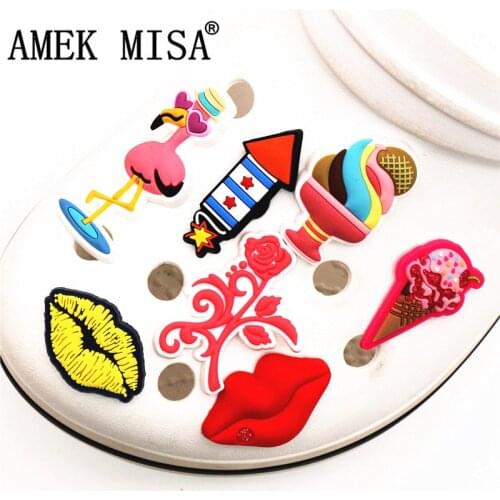 Single sale 1pc Original Shoe Charm Decoration Cartoon Flamingo/Rose/Lips/Ice cream/Rocket Shoe Buckle Accessories free shipping