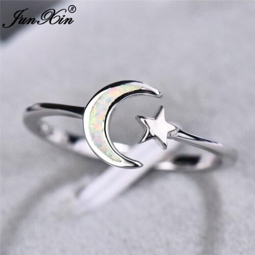 Cute Female Moon Star Finger Ring Fashion silver color White Blue Fire Opal Ring Promise Open Engagement Rings For Women