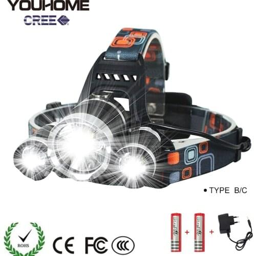 LED Headlamp Fishing Headlight Waterproof CREE-T6 2*18650batteries AC/USB Charging Hunting head lamp Camping light free shipping