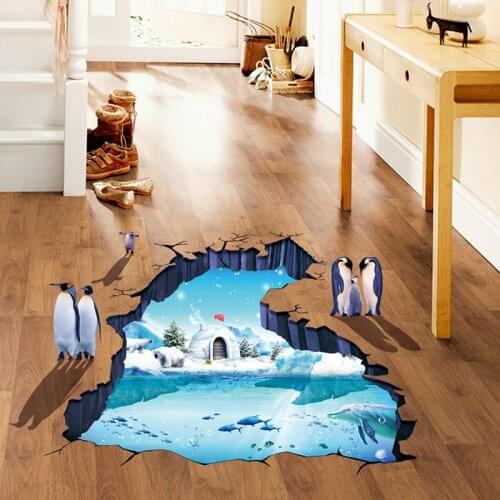 Creative 3D Polar Glacier Penguin Floor Sticker Large Home Decor Living Room Bathroom Waterproof Removable PVC Vinyl Decals