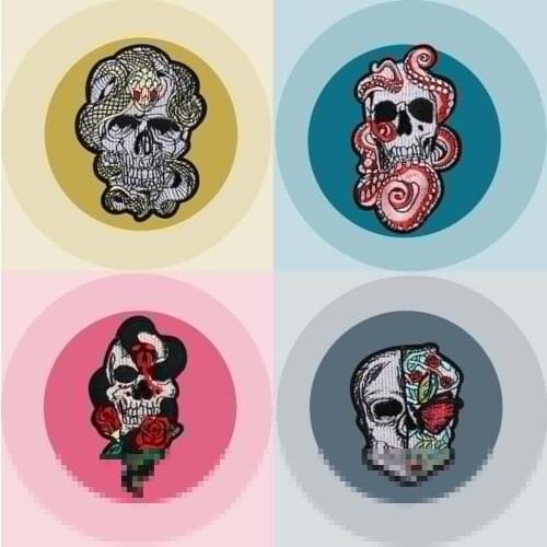 Punk style rose Skull embroidery patches badge skeleton snake Skull embroidered locomotive Coat and hat clothes decorative
