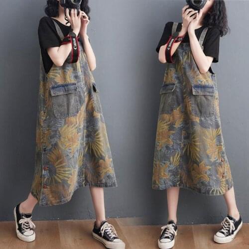 Retro Distressed Printed Suspender Dress Women 2021 Summer New Casual Fashion Streetwear Casual Pocket Split Denim Dressse