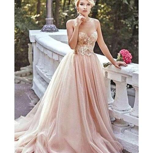 Gorgeous Custom Made Long Sweetheart Champagne Lace Applique Tulle Prom Dresses Gowns Evening Dress