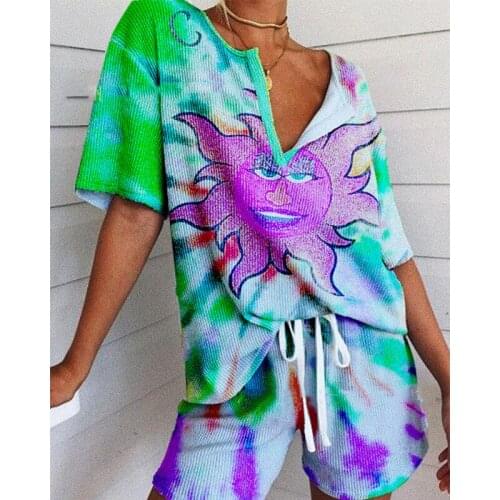Sun Face Tie Dye Vintage Two Piece Sets V-neck Short Sleeve T Shirts Shorts Matching Outfits 2021 Summer New Gothic Punk Clothes
