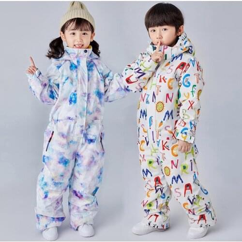 Waterproof Boys One Piece Ski Suit Hoodie Windproof Girl Jumpsuit Sport Snow Children Overalls Snowboarding Kids Outdoor Clothes