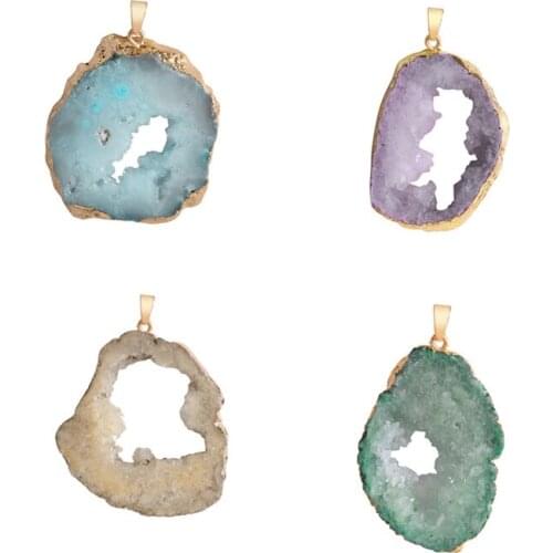 Natural Stone Jewelry Quartz Gold Plating Irregular Slice Open Agat Crystal Pendants Pendulum Druzy for Necklace Making