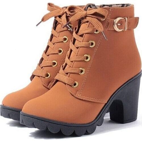 2020 New Autumn Winter Women Boots High Quality Solid Lace-up European Ladies Shoes PU Leather Fashion Boots Free Shipping