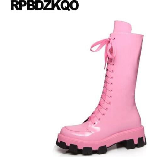 High Quality Mid Calf Shoes Pink Patent Leather Chunky Lace Up Heel Red New Women Genuine 2021 Round Toe Side Zip Boots Platform