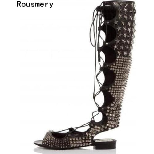 2017 Summer New Fashion Full Studded Women Lace Up Boots Sexy Peep Toe Ladies Knee High Gladiator Boots Slingback Flat Boots