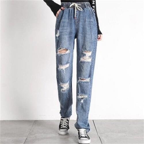 Free Shipping Womens 2020 New Spring / Autumn Lengthened Wide Leg Jeans High Waist Ripped Loose Casual Pants