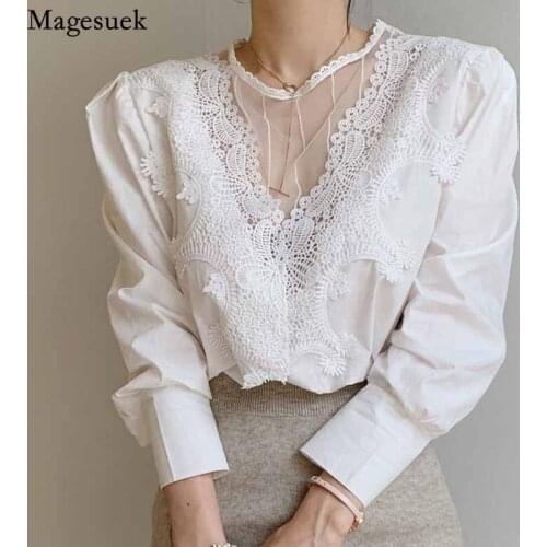 Autumn Office Lady Lace Pullover Black White Tops Elegant Korean Spring Long Sleeve Women Blouse Sexy Female Shirts Blusas 12451