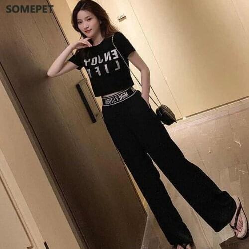 Summer Casual 2 Piece Set Women T-Shirt Top + Harlan Pants Fashion White Black Trend Tracksuit Women Student Two Piece Outfits