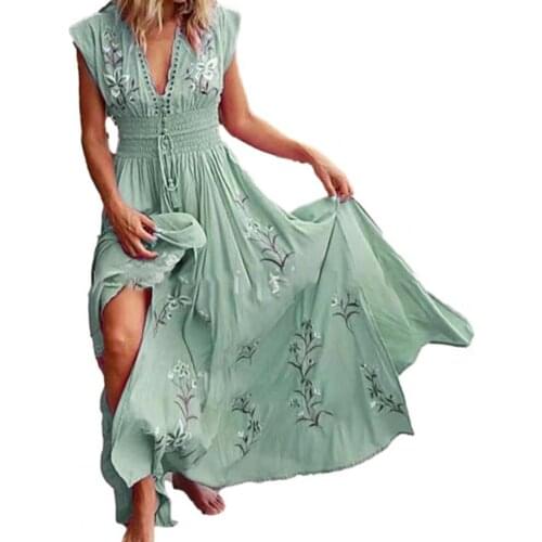 2021 New Summer Women Maxi Dress Loose Sleeveless Tassel V Neck Floral Print Large Hem Long Boho Dress for Party Beach Dress