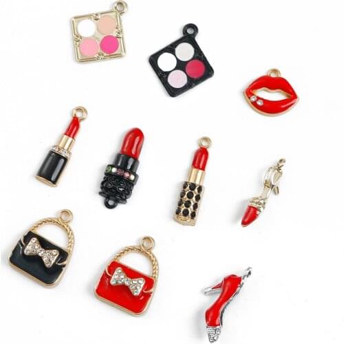 2-4Pcs Enamel Makeup Charms Mixed Women Lip Lipstick Alloy Gold Tone Necklace Bracelet Jewelry Making Accessory