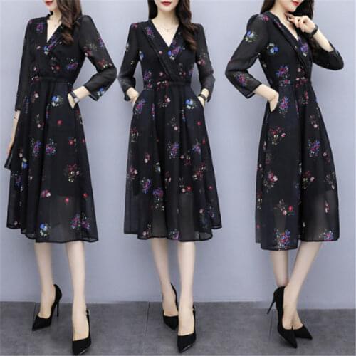 2020 New Womens Spring Clothing V-neck Temperament Long Sleeve Chiffon Dress Long Fashion Elegant Female Floral Dresses r483