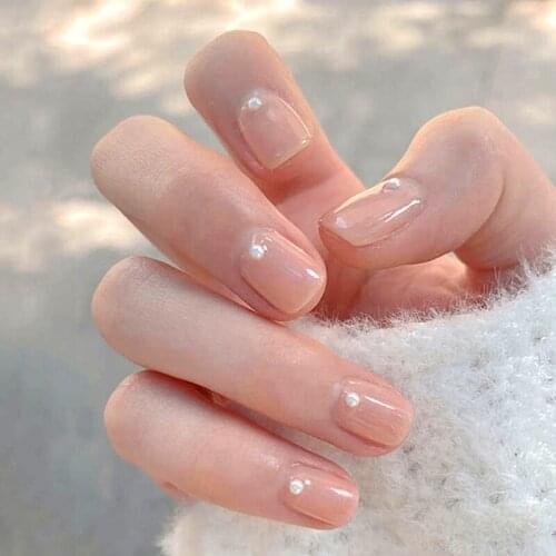 24pcs short Fake Nails Press With Glue Skin Tone and Pearl Wear Nail Art Stickers Finished Full Cover Nails NE