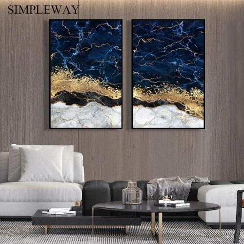 Contemporary Artwork Print Golden Blue Marble Abstract Canvas Painting Luxury Wall Poster Modern Gallery Home Decoration Picture