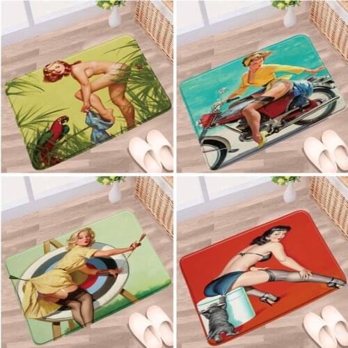 American Bathroom Mat Sexy Woman Tropical Jungle Parrot Vintage Oil Painting Cartoon Girl Anti-Slip Rugs Kitchen Doorway Carpets