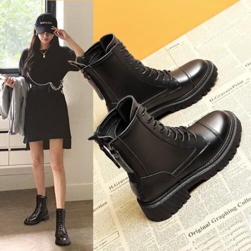 Women Shoes Woman Solid Leather Motorcycle Boots Square Heels Platform Boots Lace up Zipper Autumn Winter Ankle Boots Plus Size
