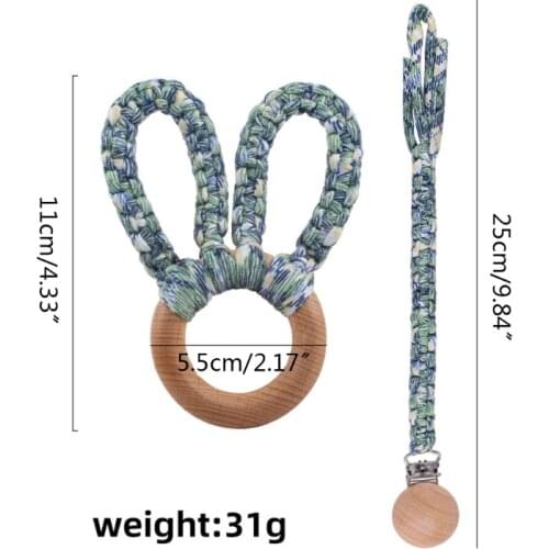 Baby Wooden Hand Grasp Toy + Pacifier Clip Chain Set DIY Knitting Rabbit Ears Teether Bracelet Hand Bell Rattle