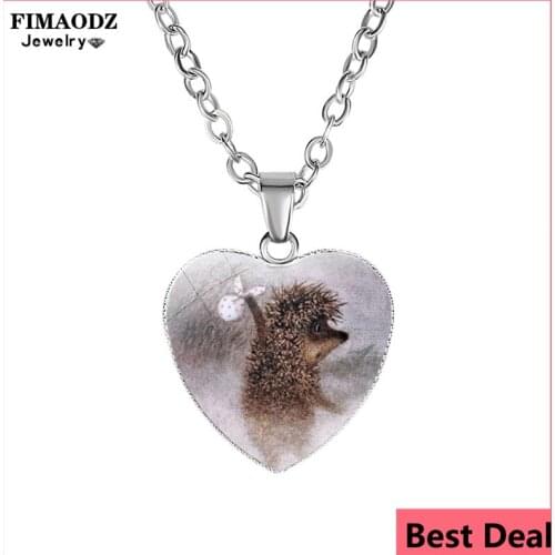 FIMAODZ Cartoon Hedgehog In The Fog Necklace Cute Animal Glass Heart Pendant Chain Statement Fashion Jewelry for Men Women Gift
