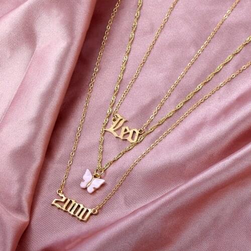 JJFOUCS Women Multi Layer Stainless Steel Necklace Gold Color LEO letter 2000 Butterfly Pendant Necklace Clavicle Chain Jewelry