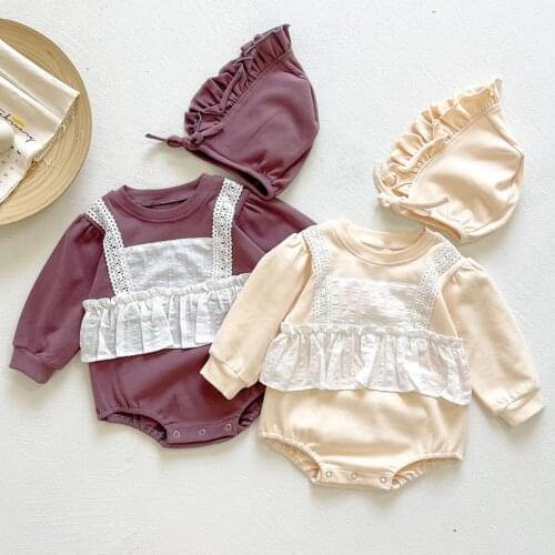 Korean Style Spring Autumn Baby Girls Clothes Infant Baby Girls Splicing Jumpsuit+Hat Baby Girl Cotton Long Sleeve Bodysuits