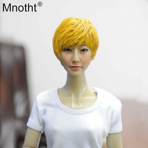 Mnotht 1/6 Female Head Carved KM13-19 Korea Beauty Girl Sculpt Golden short hair toy Model for 12'' soldier action figure body a