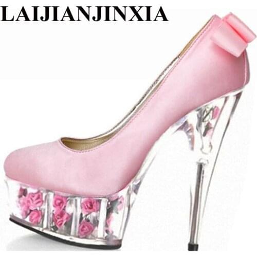 New bow-tie stage performance single shoe bride wedding shoes, 15cm ultra high heel waterproof platform Dance Shoes