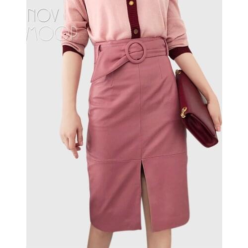 Novmoop Empire waist knee-length front split sheepskin genuine leather hip skirt with ring sash jupe femme falda larga LT2829
